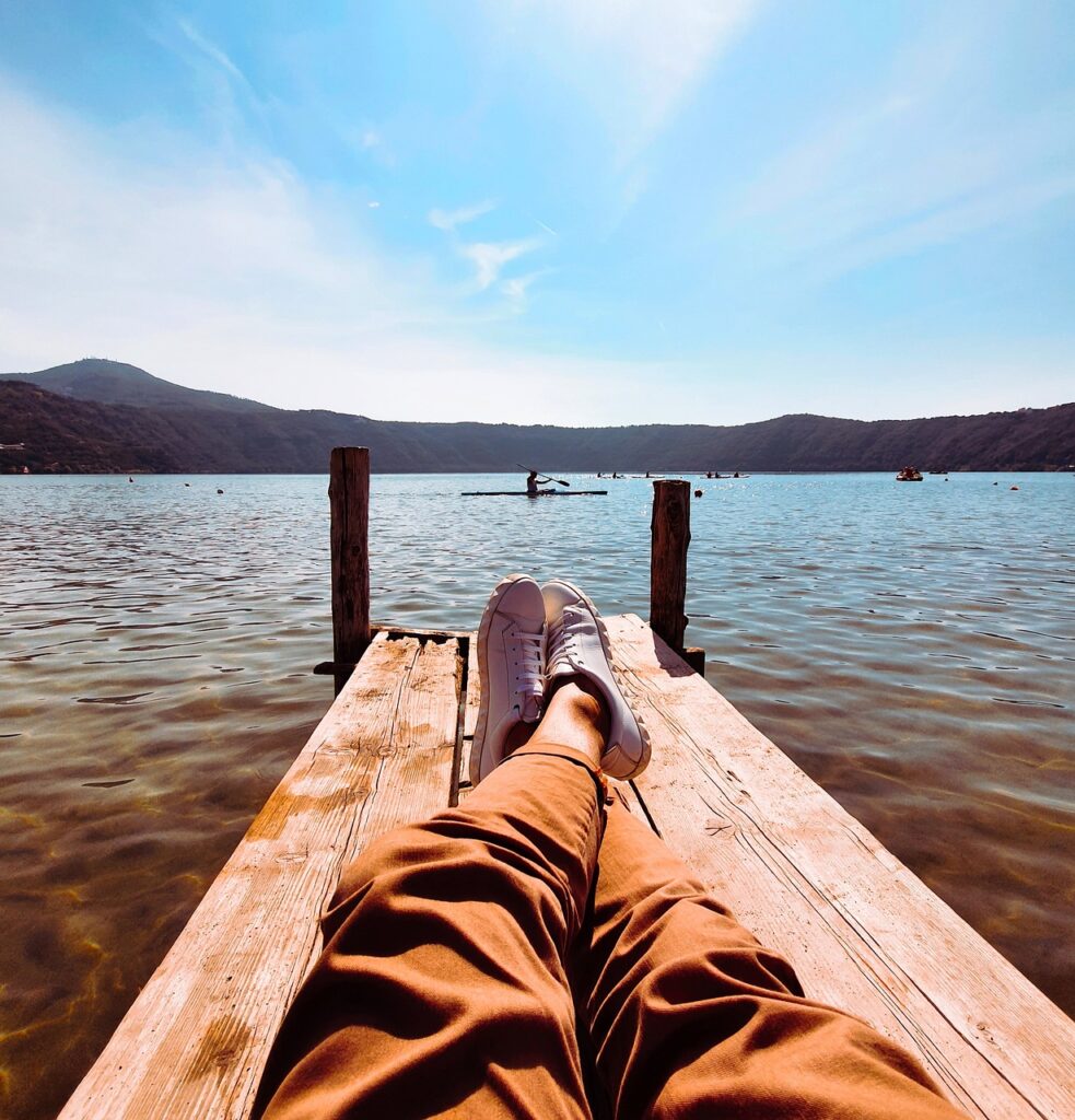lake, nature, man, relax, orange, sky, moment